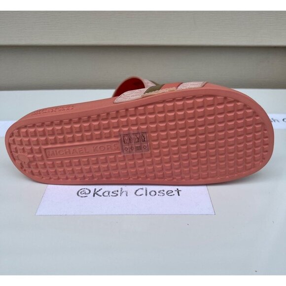 Michael Kors Slide brandy metallic striped logo sandal sherbert - Picture 5 of 6